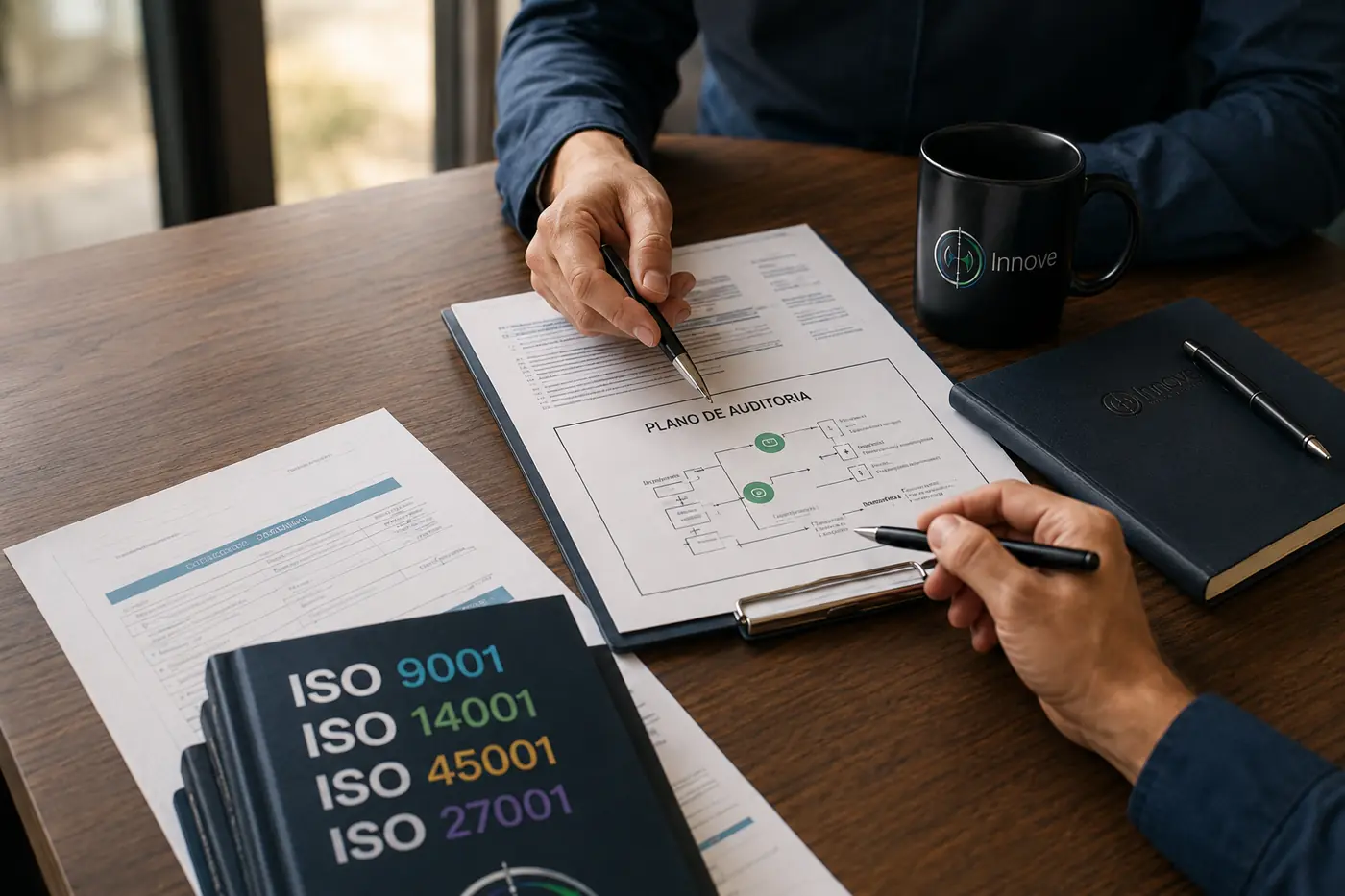 Profissionais analisando um plano de auditoria ao lado de materiais das normas ISO 9001, ISO 14001, ISO 45001 e ISO 27001